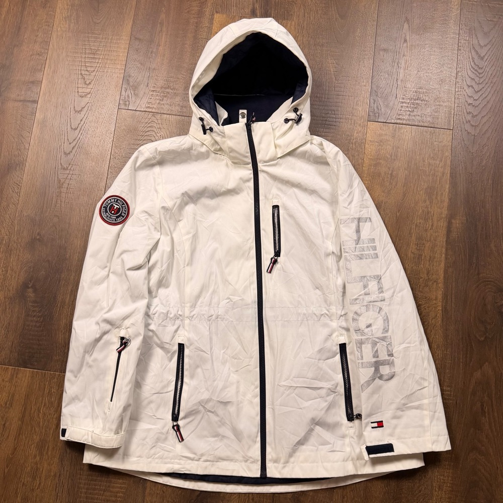 Tommy Hilfiger Women's XL White All Weather Hooded Rain Jacket Reflective